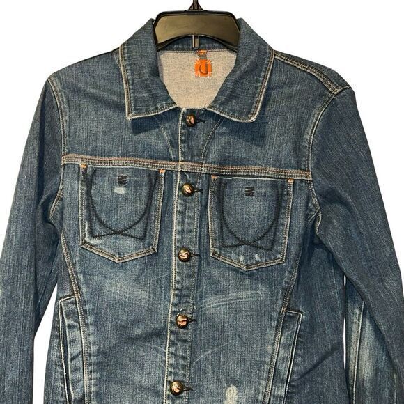 U by Yanuk Womens Denim Trucker Jean Jacket Distressed Size Medium Stretch USA - Picture 2 of 13